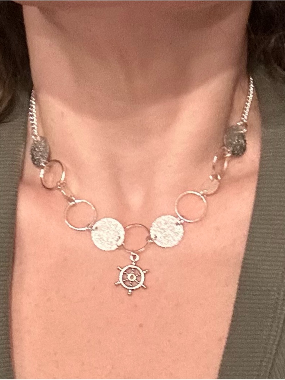 Handmade / Upcycled Nautical Statement Necklace - Hammered Discs - Ship Wheel